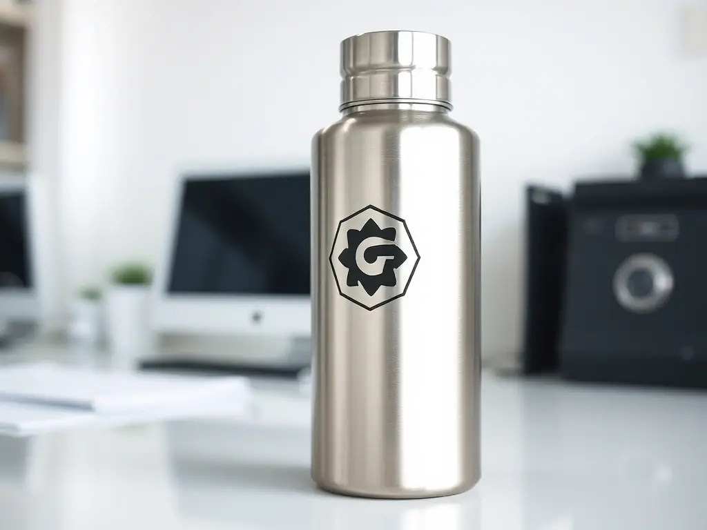 A laser-marked metal water bottle with a company logo, demonstrating the precision and permanence of laser marking. The background is a clean, modern workspace.