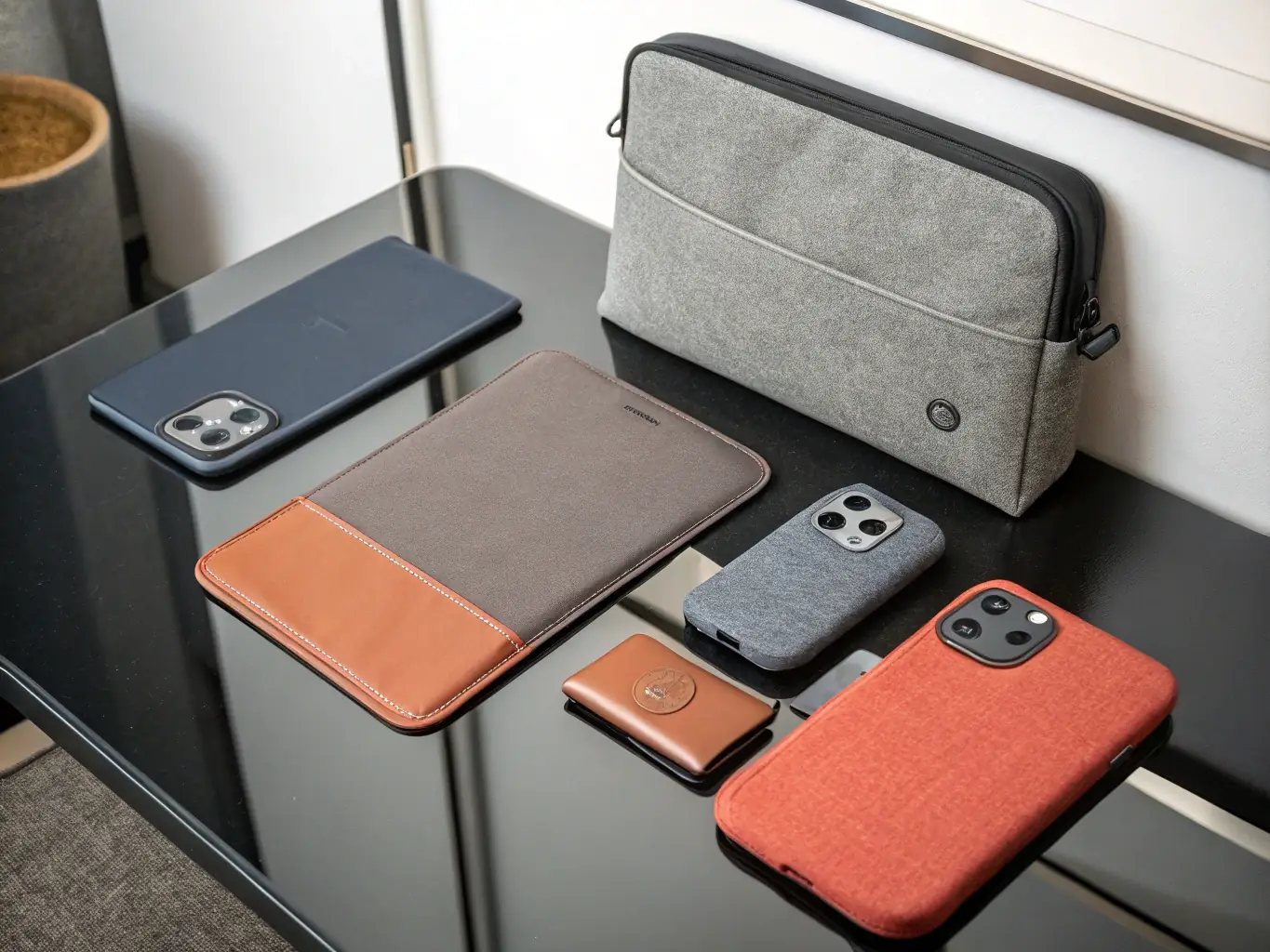 A collection of branded tech accessories, including phone cases, USB drives, and earbuds, all featuring consistent branding elements. The background is a minimalist studio setting.